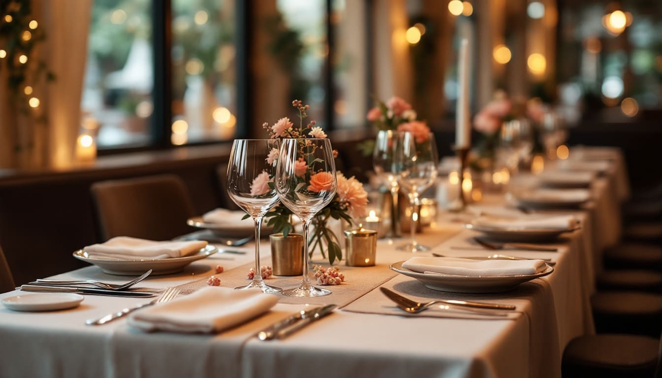 cena en mesa con flores y velas en restaurante intimo