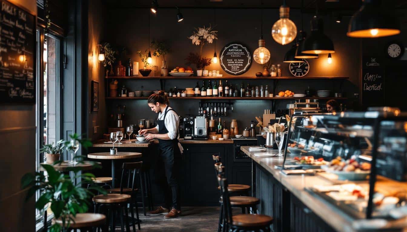 cafeteria con camarera al fondo