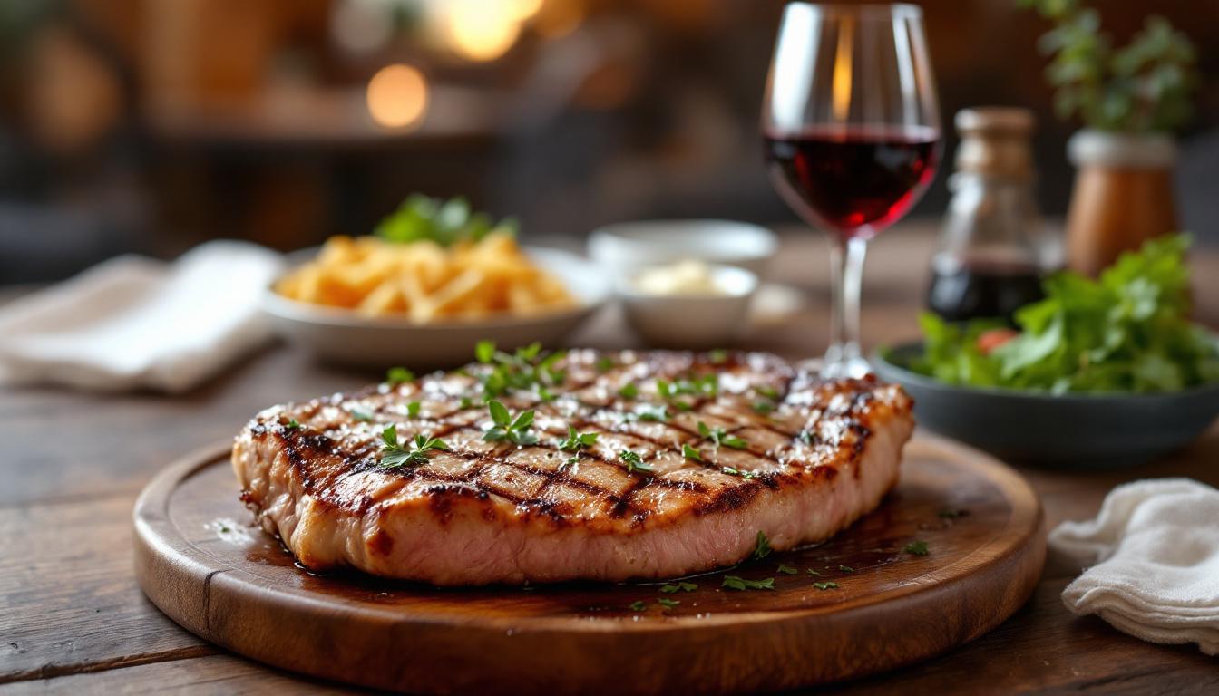 A photograph of a perfectly grilled chuletón on a rustic wooden table